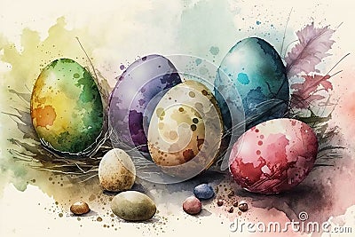 Colorful watercolor eastereggs (AI generated) Stock Photo