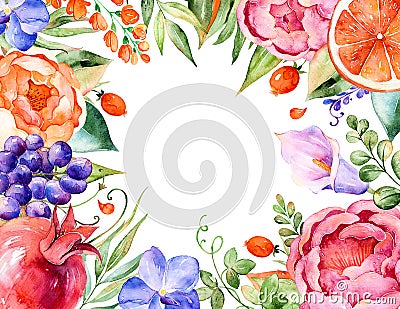 Colorful watercolor floral bouquet-frame with roses, leaves, pomegranate, orchids, calla, grapes. Stock Photo