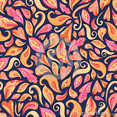 Colorful watercolor flower petals seamless pattern on blue background. Hand painted design element Cartoon Illustration