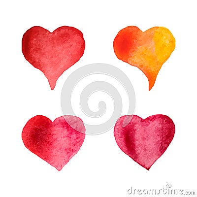 Colorful watercolor hearts set. Hand-painted hearts isolated on white background. Wedding or Valentine`s day template. Vector ill Vector Illustration