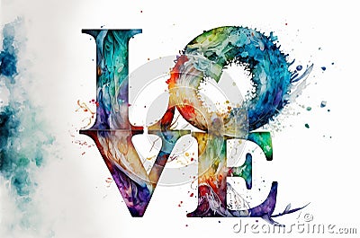 Colorful watercolor image of the word Love, generative ai Stock Photo