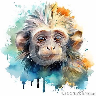Colorful Watercolor Monkey Sticker With Street Art Elements Stock Photo