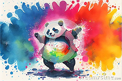 Colorful rainbow anthropomorphic Panda bear watercolor painting animal animals Cartoon Illustration