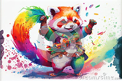 Colorful rainbow anthropomorphic Red Panda watercolor painting animal animals Cartoon Illustration