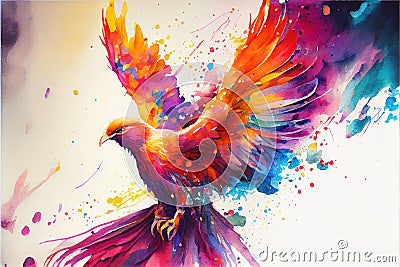 Colorful rainbow fiery phoenix bird watercolor painting Cartoon Illustration