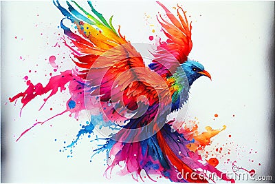 Colorful rainbow fiery phoenix bird watercolor painting Cartoon Illustration