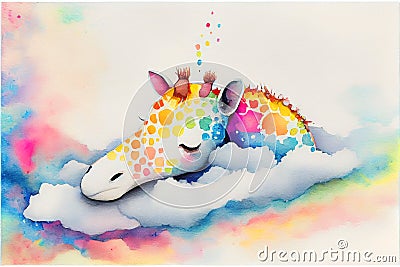 Giraffe sleeping on a cloud beacuse he's so tall watercolor Cartoon Illustration