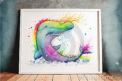 Colourful rainbow Nessie the Loch Ness Monster watercolor painting animal animals Cartoon Illustration