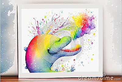 Colourful rainbow Nessie the Loch Ness Monster watercolor painting animal animals Cartoon Illustration