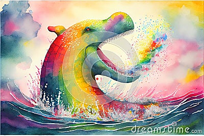 Colourful rainbow Nessie the Loch Ness Monster watercolor painting animal animals Cartoon Illustration