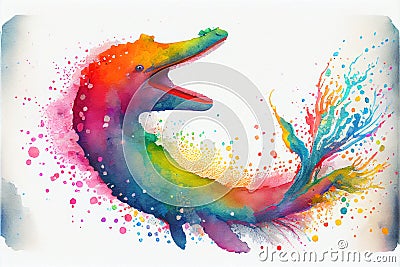 Colourful rainbow Nessie the Loch Ness Monster watercolor painting animal animals Cartoon Illustration
