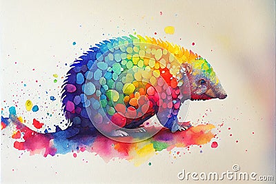 Colourful rainbow Pangolin watercolour painting animal animals Cartoon Illustration