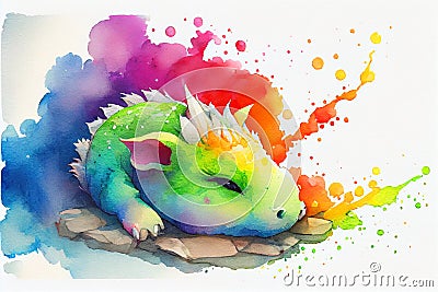 Colourful rainbow sleeping baby dragon watercolor painting animal animals Cartoon Illustration