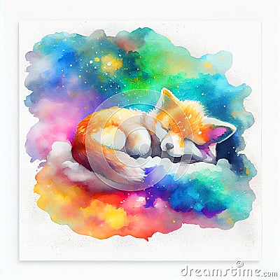 Colourful rainbow baby red fox sleeping on a cloud watercolour Cartoon Illustration