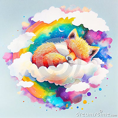 Colorful rainbow baby red fox sleeping on a cloud watercolor Cartoon Illustration