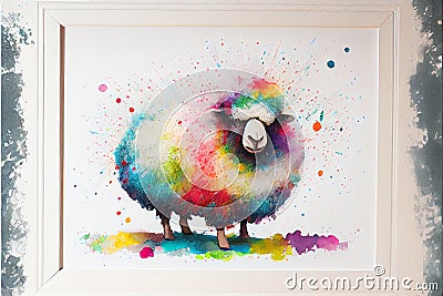 Colorful colourful fluffy ewe sheep animal watercolor illustration Cartoon Illustration