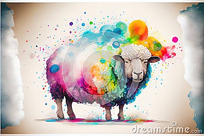 Colorful colourful fluffy ewe sheep animal watercolor illustration Cartoon Illustration