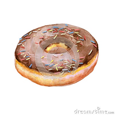 Colorful watercolor painting of donut glazed with chocolate and sprinkling confectionery Stock Photo