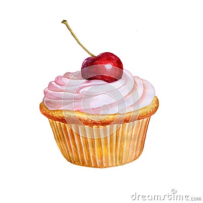 Colorful watercolor painting of small cupcake with vanilla berry cream and red cherry on top Stock Photo