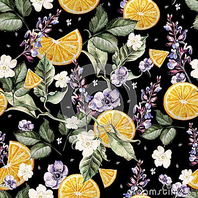 Colorful watercolor pattern with lavender flowers, anemones, and orange fruits. Stock Photo