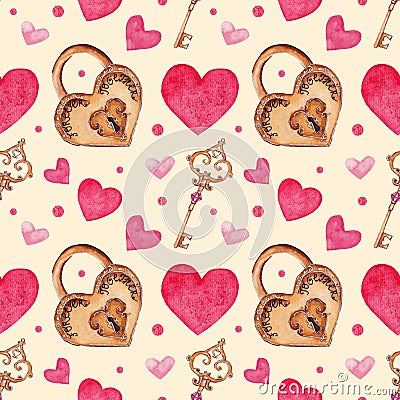 Colorful watercolor pattern with lock, key, hearts and dots. Seamless romantic pattern on Valentine's Day Stock Photo