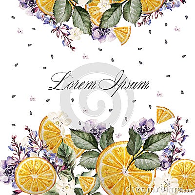 Colorful watercolor post card or wedding invitation. With lavender flowers, anemones, and orange fruits. Stock Photo