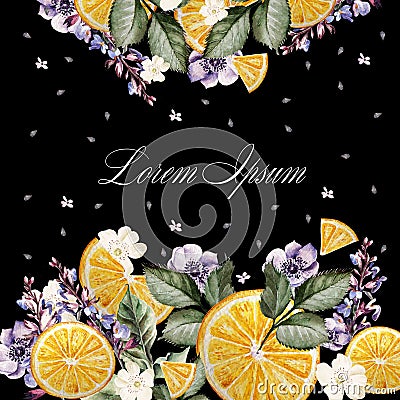 Colorful watercolor post card or wedding invitation. With lavender flowers, anemones, and orange fruits. Stock Photo