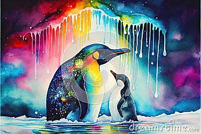 Emperor Penguin and baby chick on melting ice global warming Cartoon Illustration