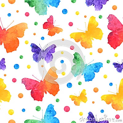 Colorful watercolor seamless pattern with cute butterflies isolated on white background. eps10 Vector Illustration