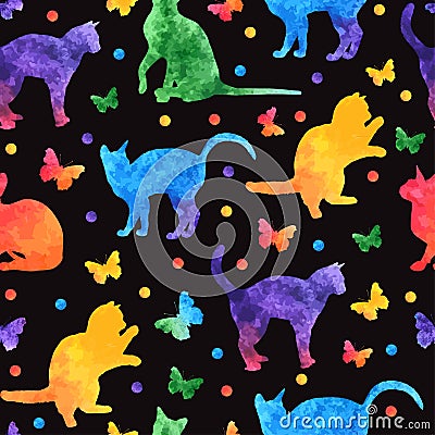 Colorful watercolor seamless pattern with cute cats and butterflies isolated on black background. vector eps10 Vector Illustration