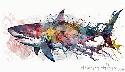 Colorful Watercolor Shark Full Shot Isolated On White Background - Generative AI Stock Photo