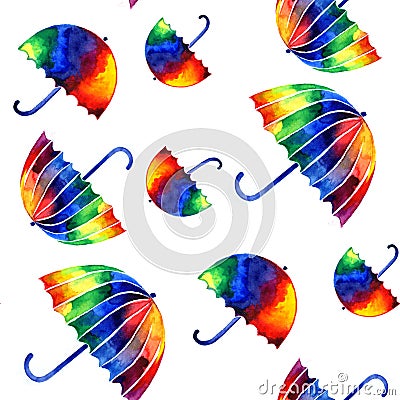 Colorful watercolor umbrellas seamless pattern. Stock Photo