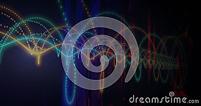 Colorful waveforms and dots image over dark background with vertical lines Stock Photo