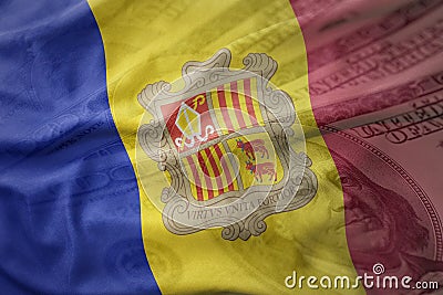 Colorful waving national flag of andorra on a american dollar money background. Stock Photo