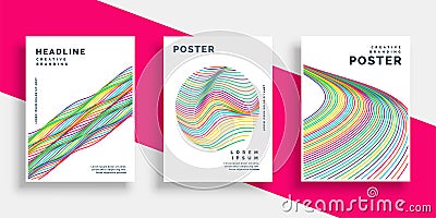 Colorful wavy lines cover flyer poster designs set Vector Illustration