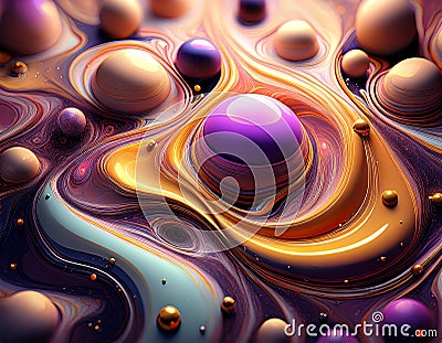 Colorful wavy liquid and flowing balls gradient color. Thick liquid paint with 3D balls with light reflections and iridescent Stock Photo