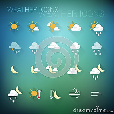 Colorful weather icon set on dark blue and green blurred backgroun Vector Illustration