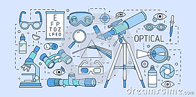 Colorful web banner template with optical equipment, various eyesight correction devices, ophthalmic tools, optic lenses Vector Illustration