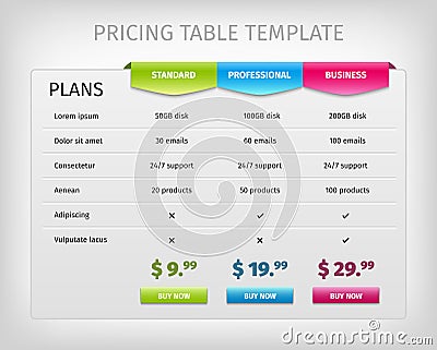 Colorful web pricing table template for business Vector Illustration