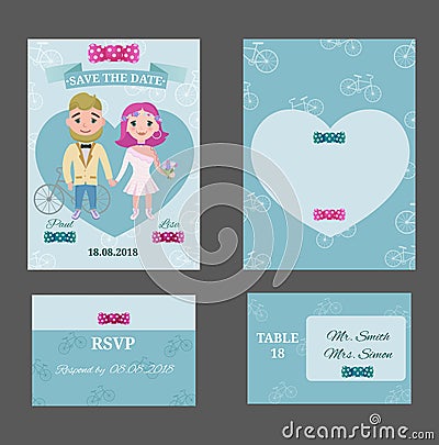 Colorful Wedding Invitations Postcards Set Vector Illustration