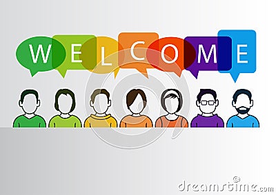 Colorful welcome background with simplified cartoon characters Vector Illustration