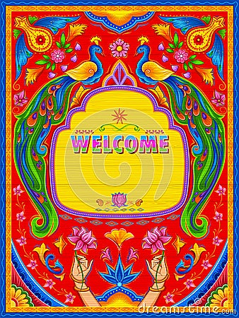 Colorful welcome banner in truck art kitsch style of India Vector Illustration