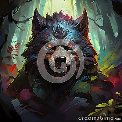 Colorful werewolf head with colorful forest theme surrounded by a trees Stock Photo