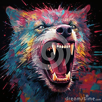 Colorful Werewolf Mouth Painting Aggressive Digital Illustration In Bastardcore Style Cartoon Illustration