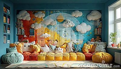 Colorful and Whimsical Childrens Room Featuring a Cozy Seating Area and Vibrant Decor Stock Photo