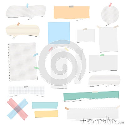 Colorful and white adhesive, sticky, masking, duct tape pieces torn note, notebook paper, speech bubbles for text are Vector Illustration