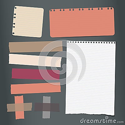 Colorful, white ripped lined notebook, note paper, sticky adhesive tape for text or message on black background. Vector Vector Illustration