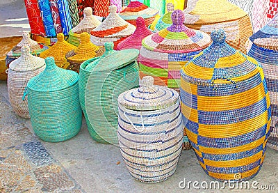 Colorful hand made baskets, Majorca market, Spain Stock Photo