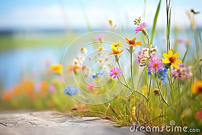 colorful wildflowers blooming along a marsh edge Stock Photo