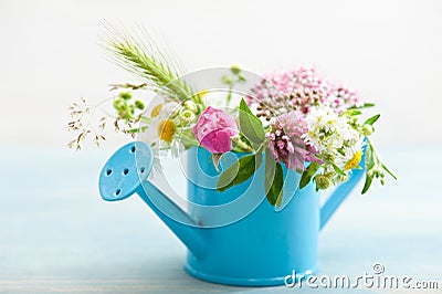 Colorful wildflowers in watering can Stock Photo